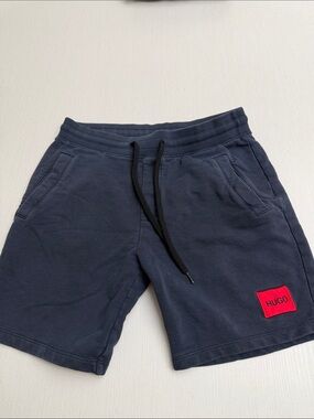 HUGO Men's Dark Navy Athletic Shorts with Red Logo Patch